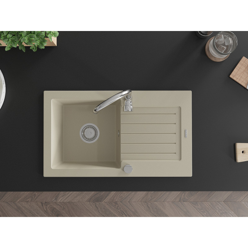 Mexen Pablo 1-bowl granite sink with drainer 752 x 436 mm, beige, chrome siphon - 6510751010-69