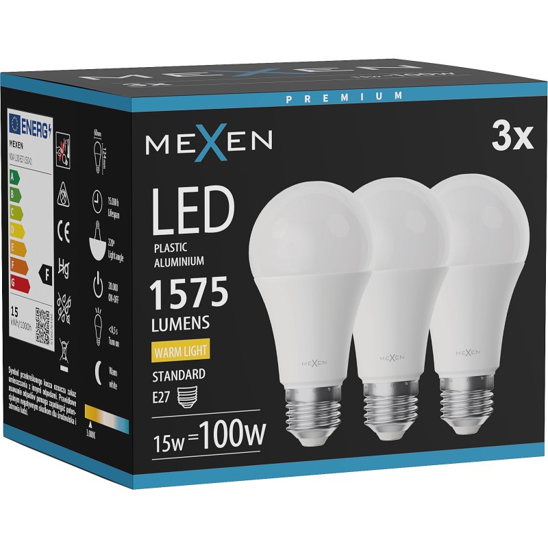 Mexen Nova 3x LED Bulb E27, A60, 15W, Warm - 3000K, 1575 lm - L100-E27-1530-01x03