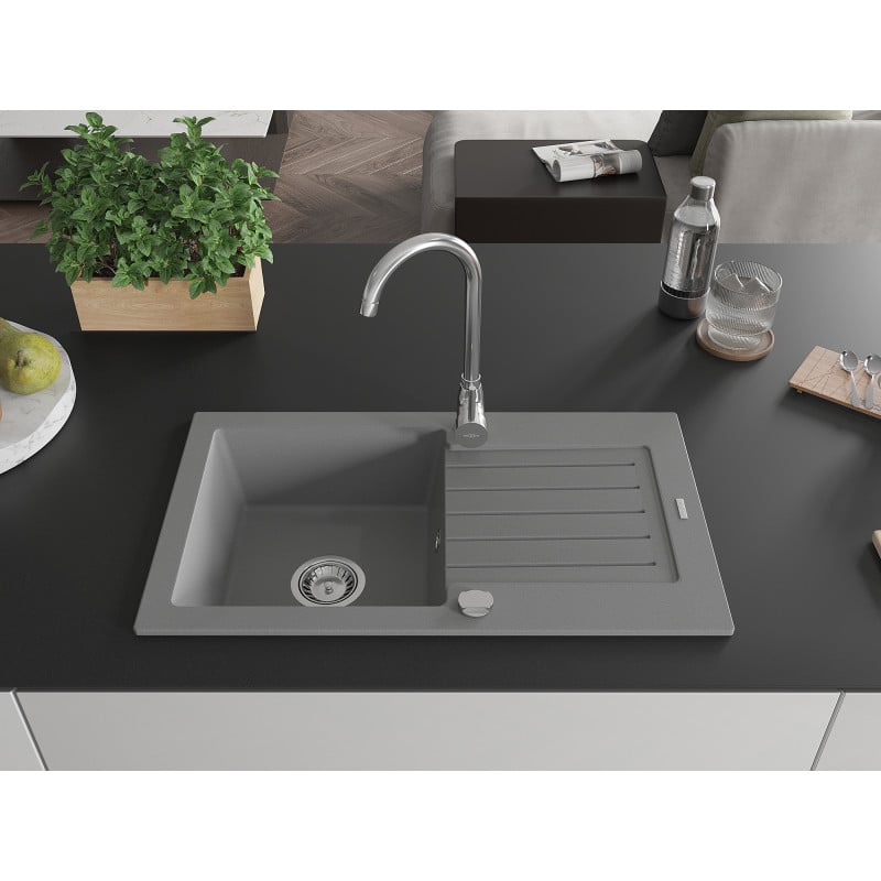 Mexen Pablo single-bowl granite sink with drainer 752 x 436 mm, gray, chrome siphon - 6510751010-71