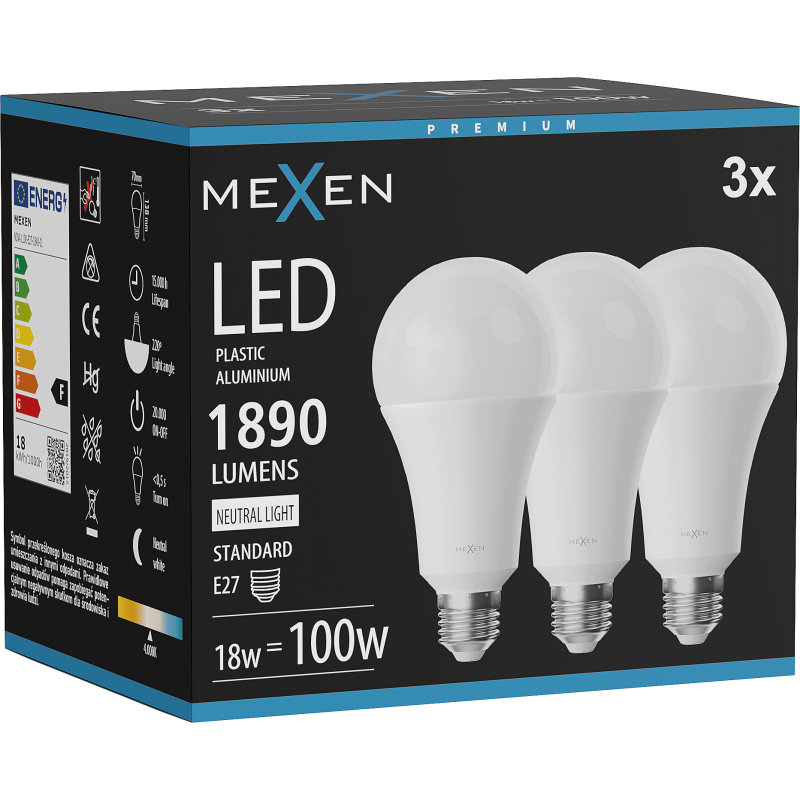 Mexen Nova 3x LED Bulb E27, A70, 18W, Neutral - 4000K, 1890 lm - L100-E27-1840-01x03