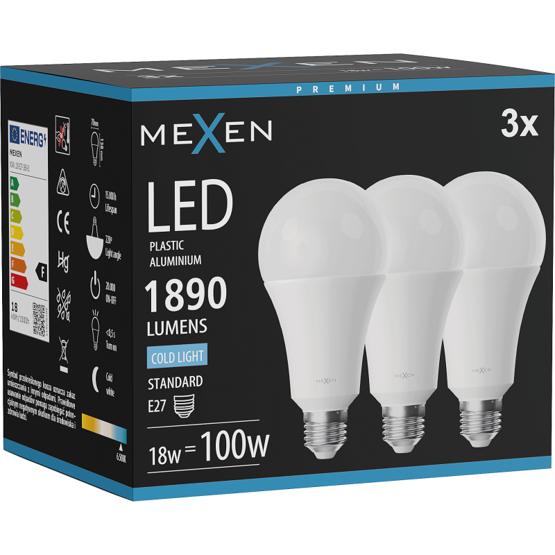 Mexen Nova 3x LED Bulb E27, A70, 18W, Cool - 6500K, 1890 lm - L100-E27-1865-01x03