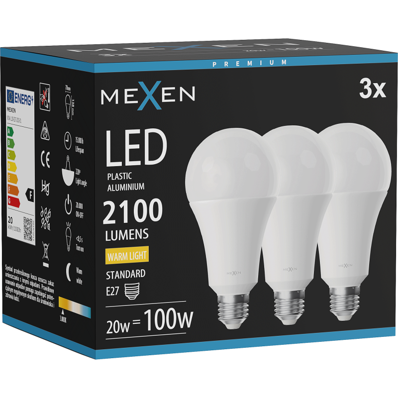 Mexen Nova 3x LED Bulb E27, A70, 20W, Warm - 3000K, 2100 lm - L100-E27-2030-01x03