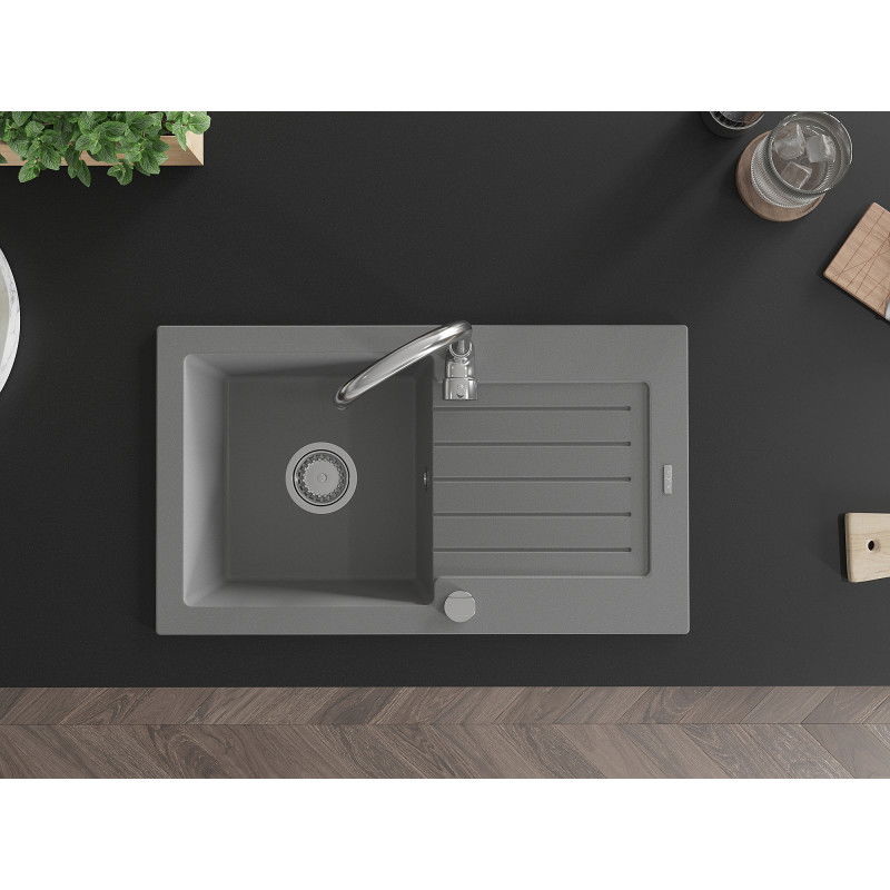 Mexen Pablo granite sink 1-bowl with drainer 752 x 436 mm, grey, chrome siphon - 6510751010-71