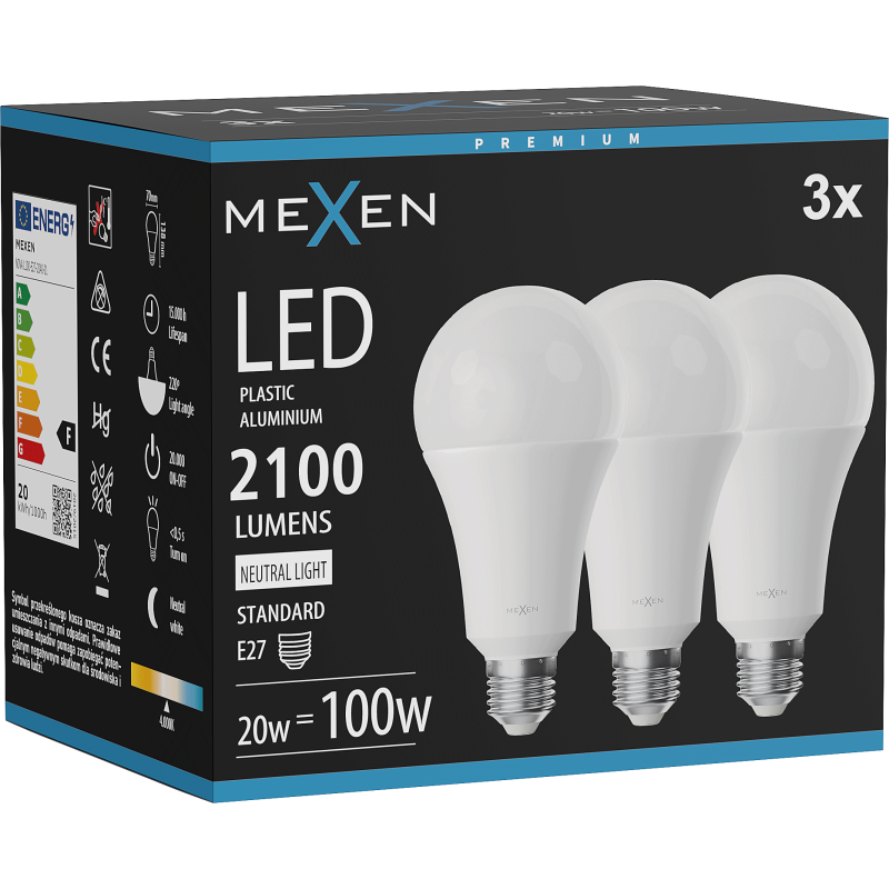 Mexen Nova 3x LED Bulb E27, A70, 20W, Neutral - 4000K, 2100 lm - L100-E27-2040-01x03