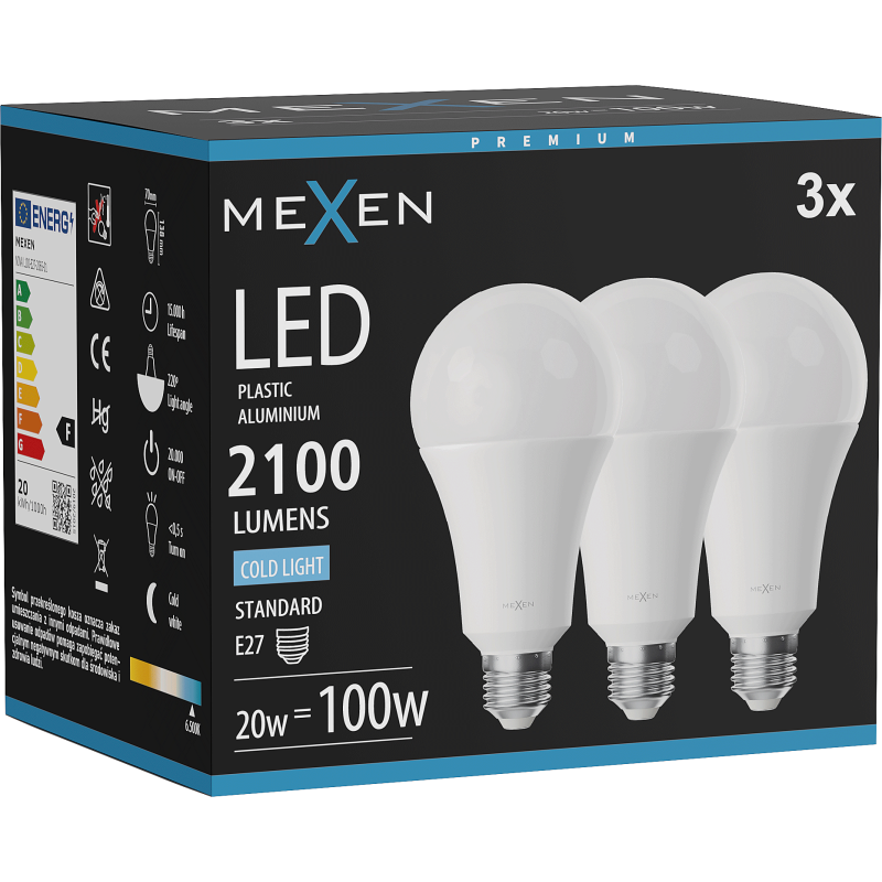 Mexen Nova 3x LED Bulb E27, A70, 20W, Cool - 6500K, 2100 lm - L100-E27-2065-01x03