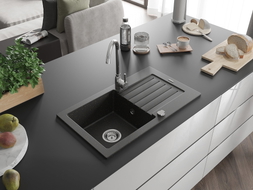 Mexen Pablo granite kitchen sink 1-bowl with drainer 752 x 436 mm, black/gold metallic, chrome siphon - 6510751010-75