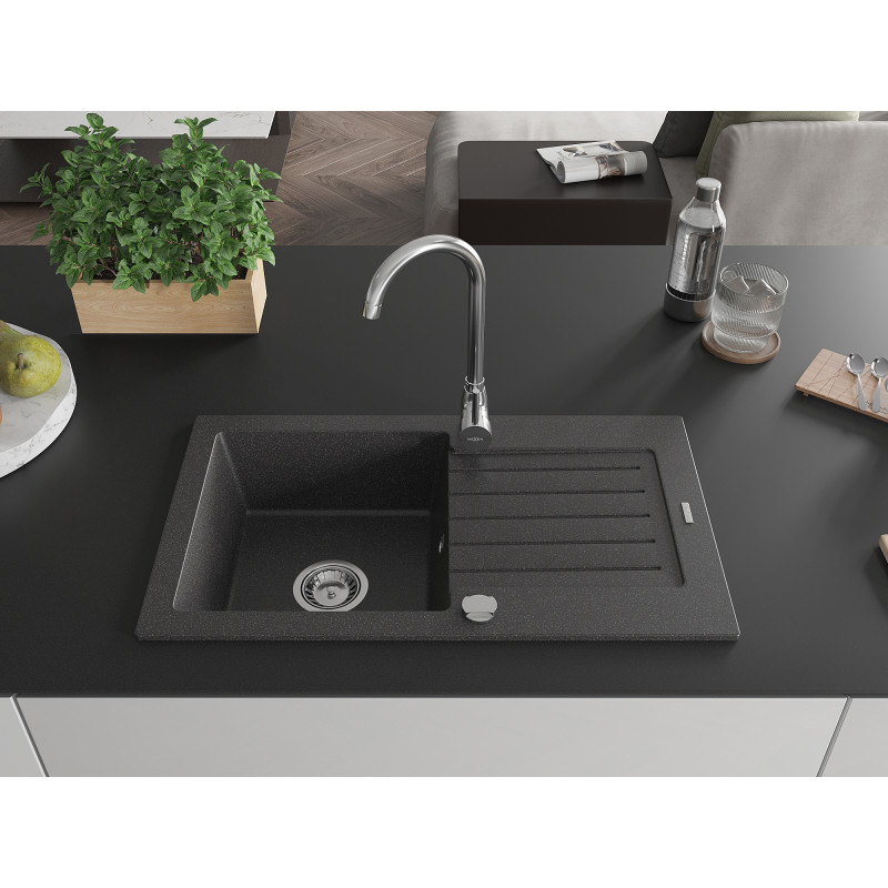 Mexen Pablo granite kitchen sink 1-bowl with drainer 752 x 436 mm, black speckled, chrome siphon - 6510751010-76