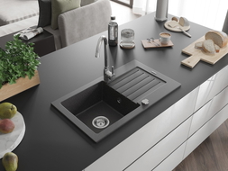 Mexen Pablo granite kitchen sink 1-bowl with drainer 752 x 436 mm, black speckled, chrome siphon - 6510751010-76