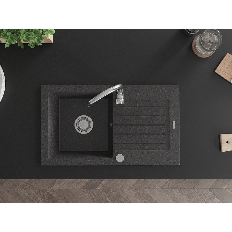 Mexen Pablo 1-bowl granite sink with drainer 752 x 436 mm, speckled black, chrome siphon - 6510751010-76