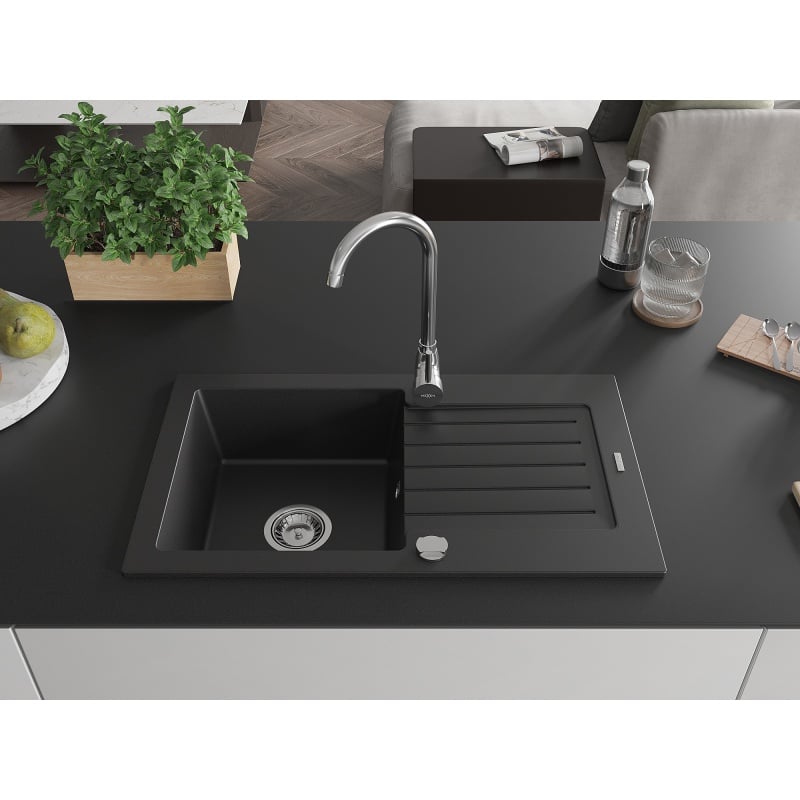 Mexen Pablo 1-bowl granite sink with drainer 752 x 436 mm, black, chrome siphon - 6510751010-77