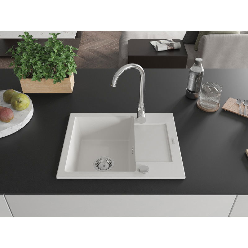 Mexen Enzo 1-bowl granite sink with drainer 576 x 465 mm, white, chrome siphon - 6506571005-20