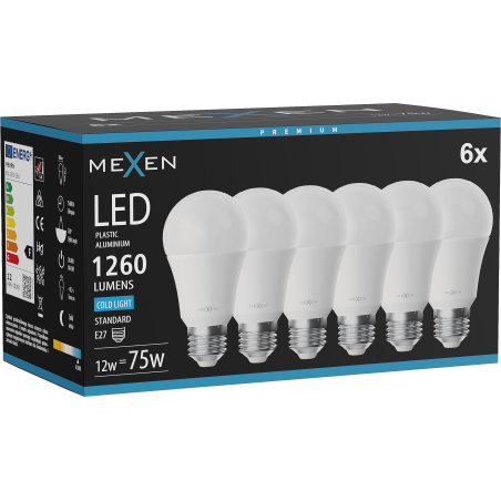 Mexen Nova 6x LED Bulb E27, A60, 12W, Cool - 6500K, 1260 lm - L100-E27-1265-01x06