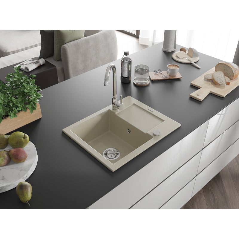 Mexen Enzo granite sink 1-bowl with drainer 576 x 465 mm, beige, chrome siphon - 6506571005-69