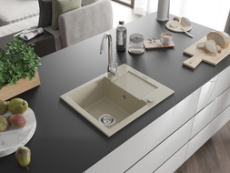 Mexen Enzo granite sink 1-bowl with drainer 576 x 465 mm, beige, chrome siphon - 6506571005-69