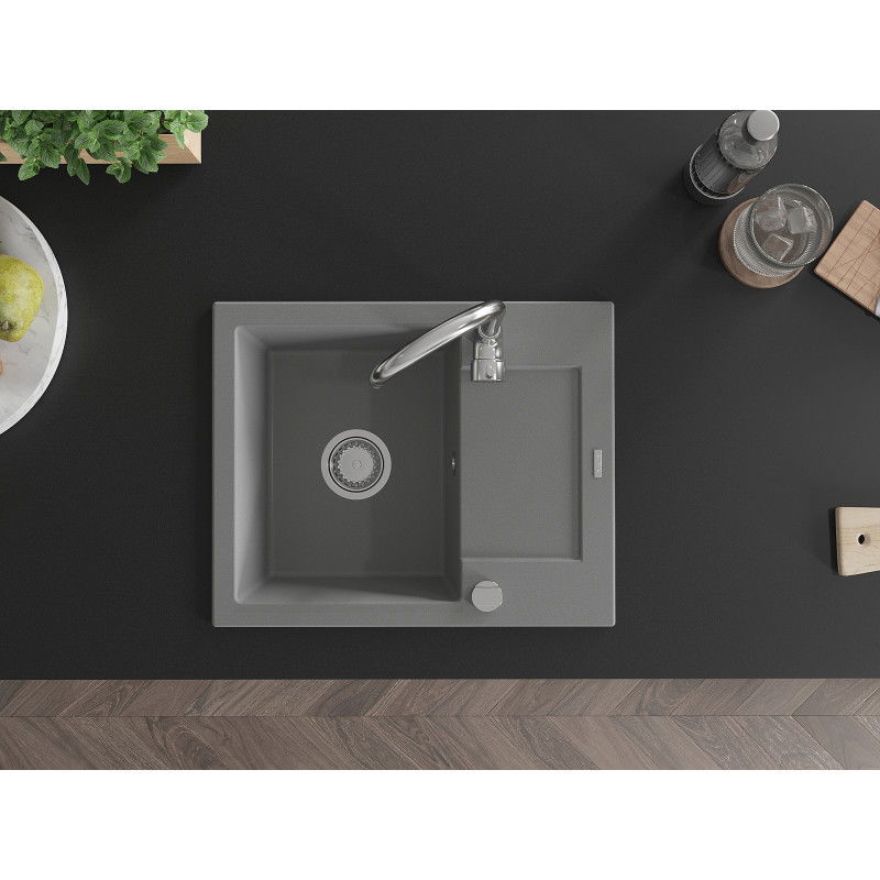Mexen Enzo granite sink 1-bowl with drainer 576 x 465 mm, grey, chrome siphon - 6506571005-71