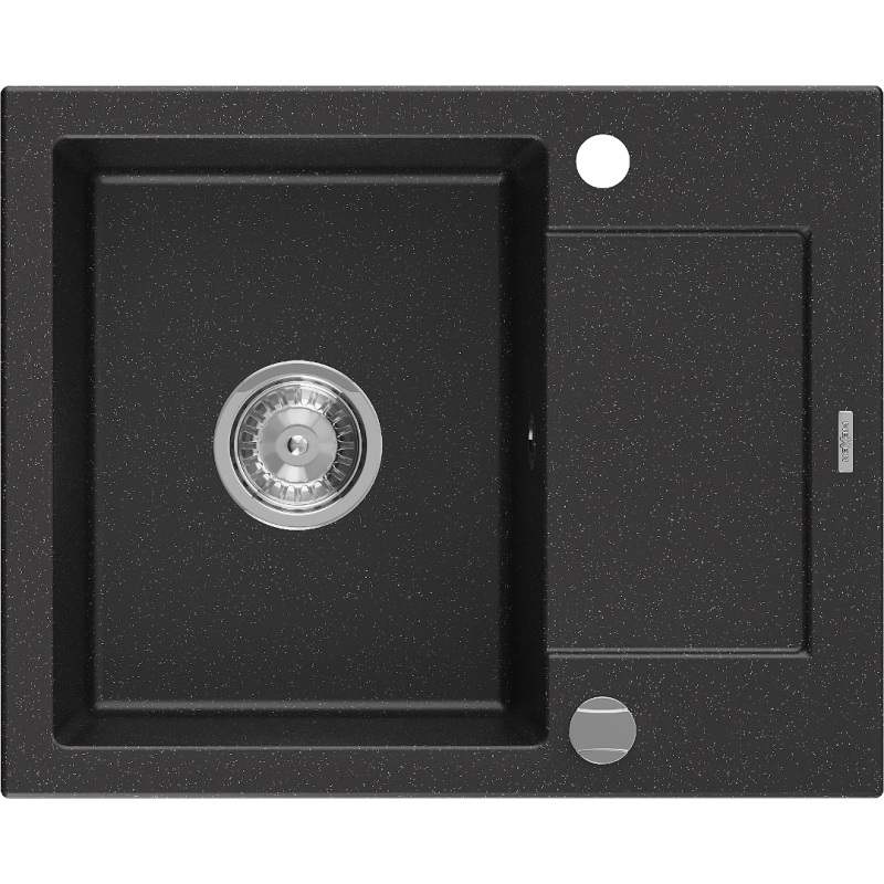 Mexen Enzo granite sink 1-bowl with drainer 576 x 465 mm, black/silver metallic, chrome siphon - 6506571005-73