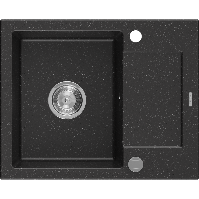 Mexen Enzo granite sink single-bowl with drainer 576 x 465 mm, black/silver metallic, chrome siphon - 6506571005-73