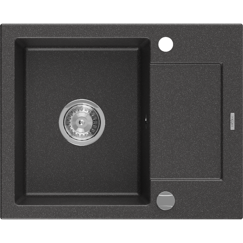 Mexen Enzo 1-bowl granite sink with drainer 576 x 465 mm, black speckled, chrome siphon - 6506571005-76