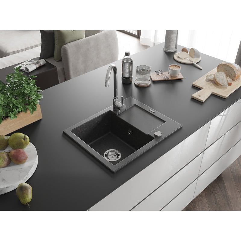 Mexen Enzo 1-bowl granite sink with drainer 576 x 465 mm, black speckled, chrome siphon - 6506571005-76