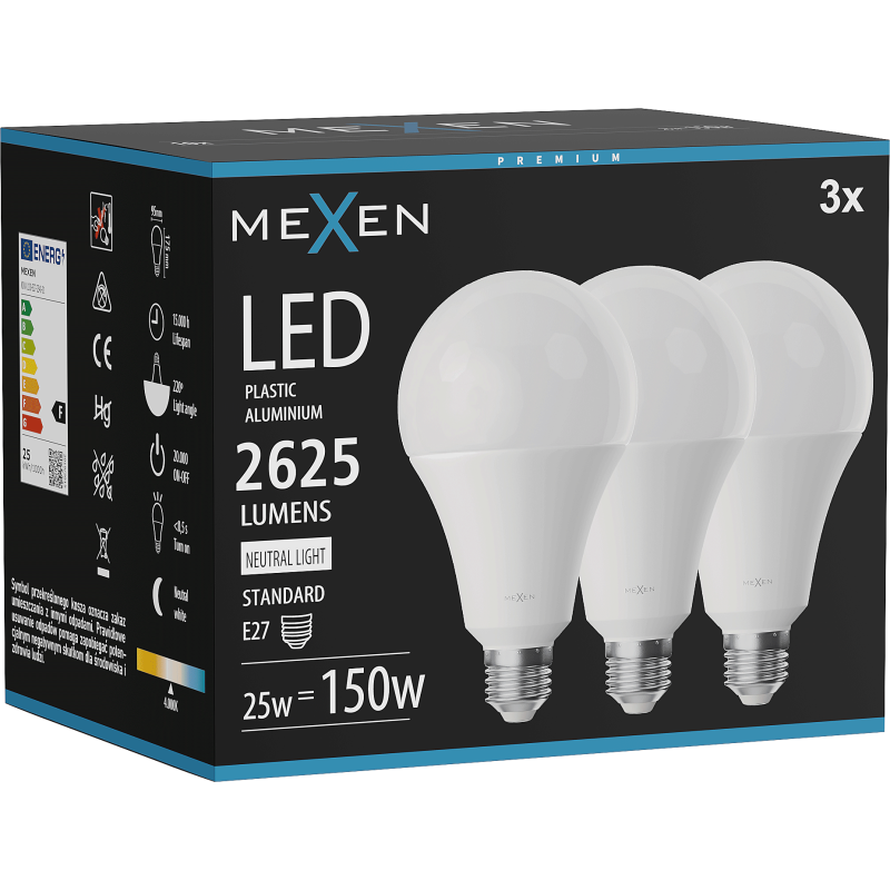 Mexen Nova 3x LED Bulb E27, A95, 25W, Neutral - 4000K, 2625 lm - L100-E27-2540-01x03