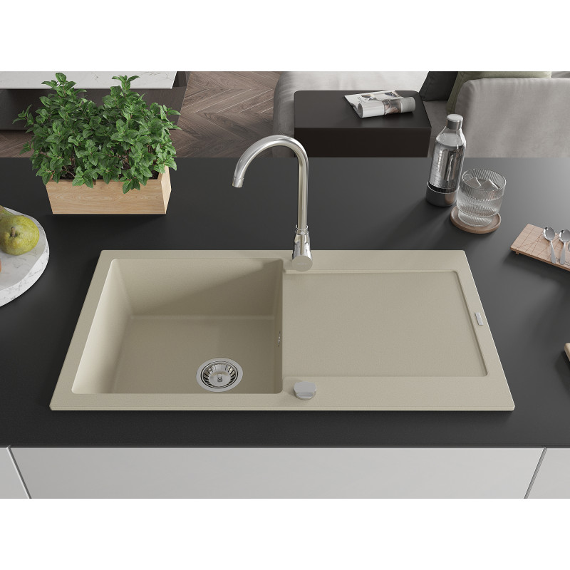 Mexen Leo single-bowl granite sink with drainer 900 x 500 mm, beige, chrome siphon - 6501901010-69