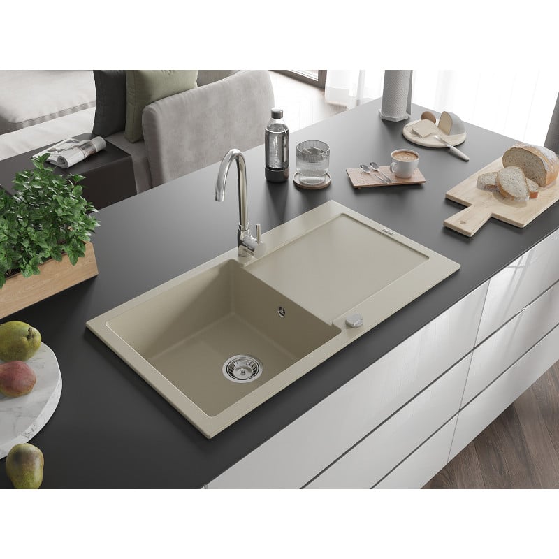 Mexen Leo single-bowl granite sink with drainer 900 x 500 mm, beige, chrome siphon - 6501901010-69