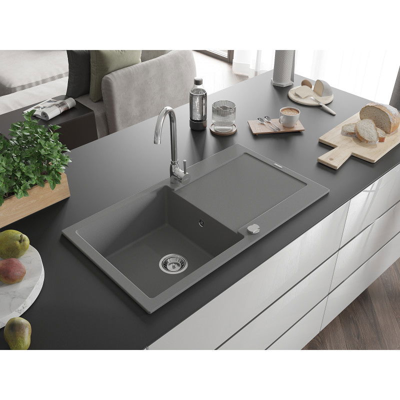 Mexen Leo 1-bowl granite sink with drainer 900 x 500 mm, grey, chrome siphon - 6501901010-71