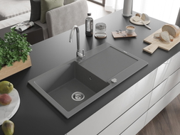 Mexen Leo granite kitchen sink single bowl with drainer 900 x 500 mm, gray, chrome siphon - 6501901010-71