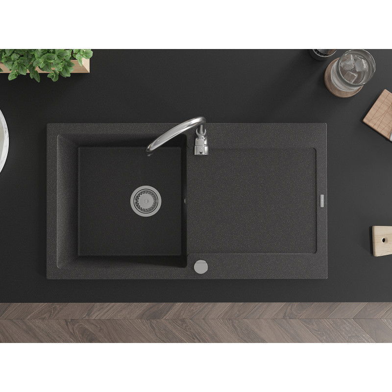 Mexen Leo 1-bowl Granite Sink with Drainer 900 x 500 mm, Black Speckled, Chrome Siphon - 6501901010-76