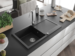 Mexen Leo granite sink 1-bowl with drainer 900 x 500 mm, black, chrome siphon - 6501901010-77