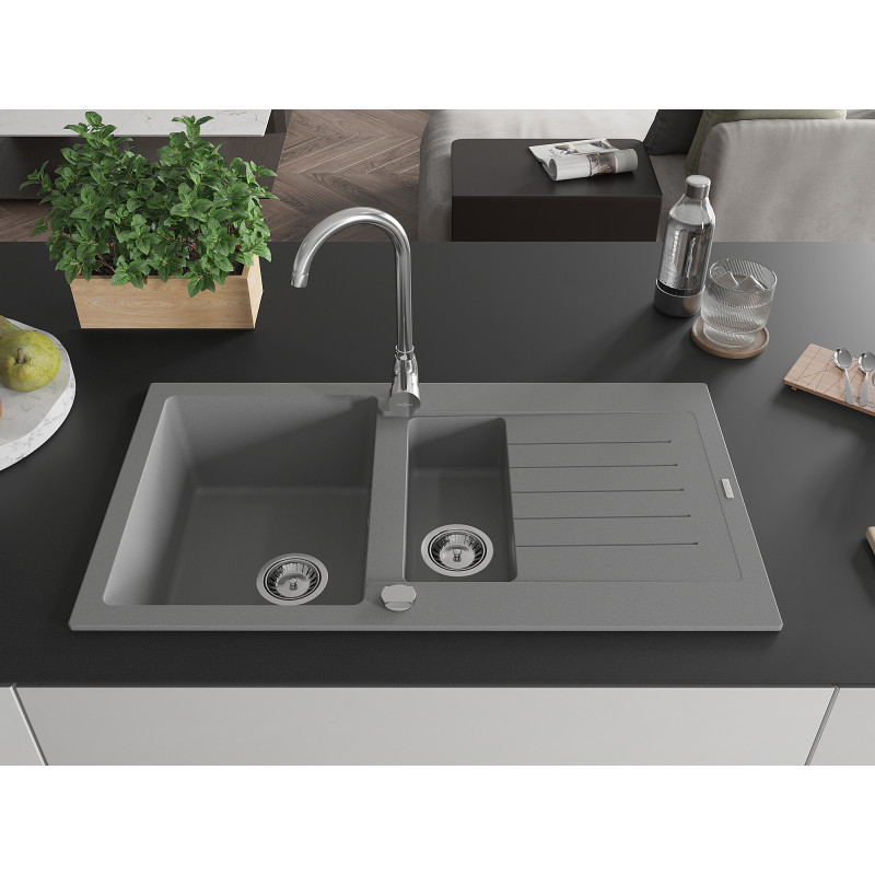 Mexen Matias 1.5-bowl granite sink with drainer 900 x 505 mm, gray, chrome siphon - 6502901505-71