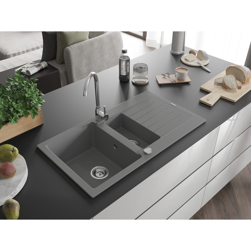 Mexen Matias 1.5-bowl granite sink with drainer 900 x 505 mm, gray, chrome siphon - 6502901505-71