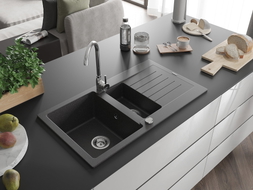 Mexen Matias granite sink 1.5-bowl with drainer 900 x 505 mm, black speckled, chrome siphon - 6502901505-76