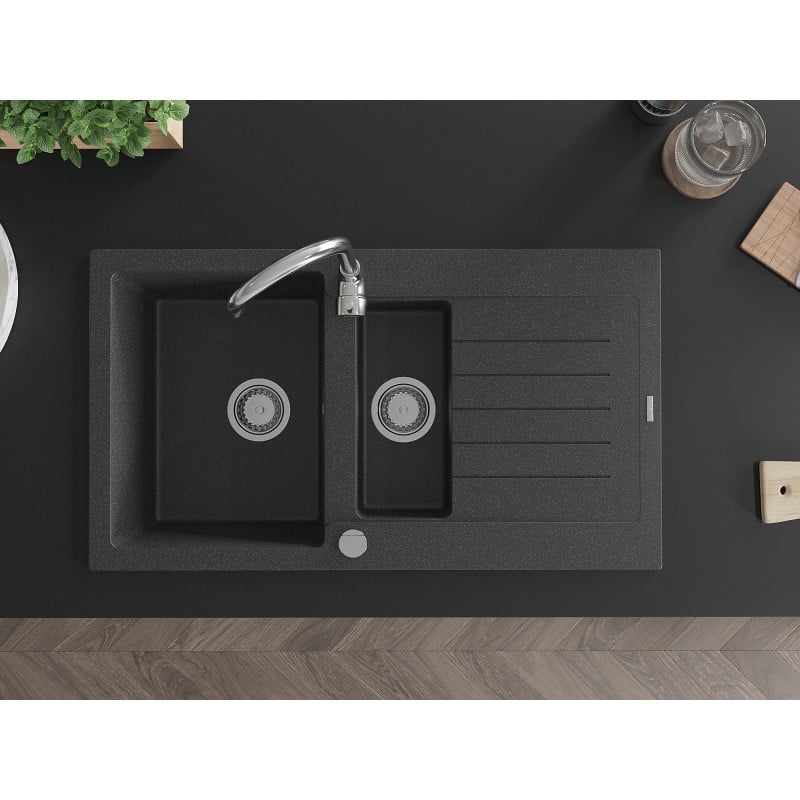 Mexen Matias granite sink 1.5-bowl with drainer 900 x 505 mm, black speckled, chrome siphon - 6502901505-76