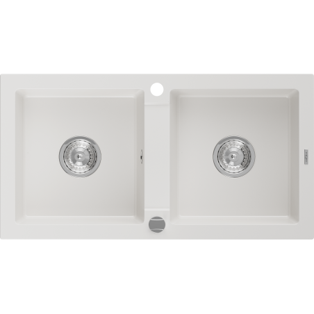 Mexen Mario granite sink 2-bowl 820 x 436 mm, white, chrome siphon - 6504822000-20