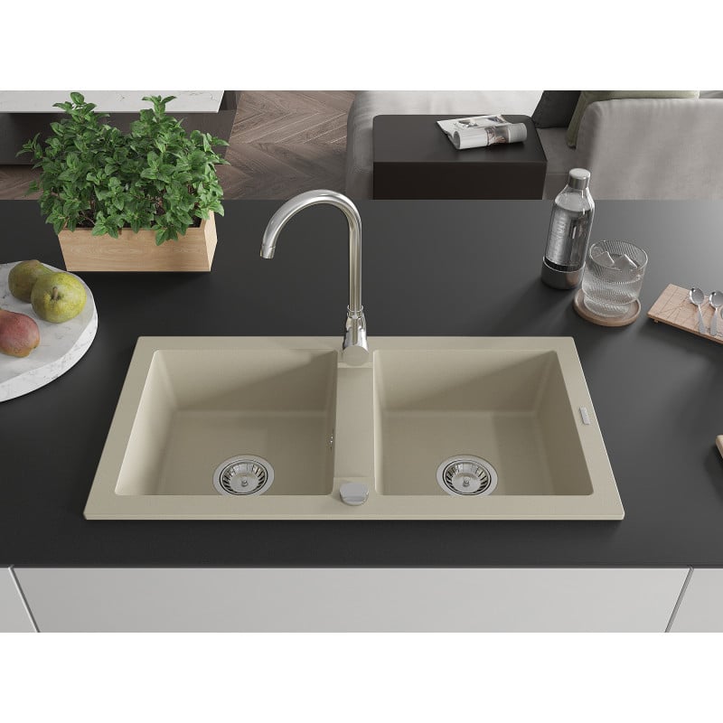 Mexen Mario granite sink 2-bowl 820 x 436 mm, beige, chrome siphon - 6504822000-69