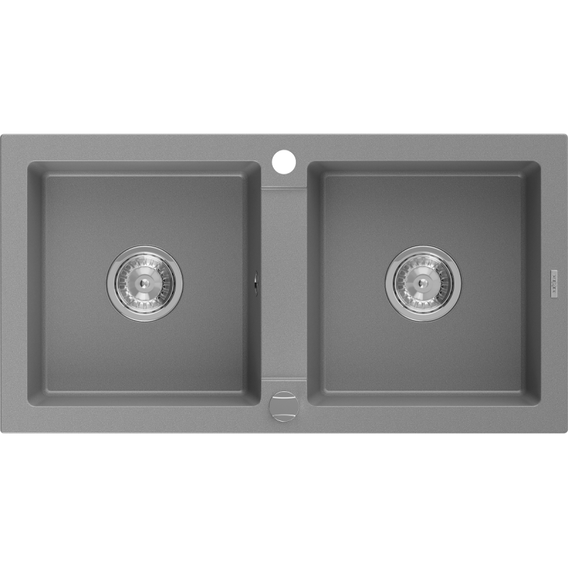 Mexen Mario granite kitchen sink, 2-basin, 820 x 436 mm, gray, chrome siphon - 6504822000-71