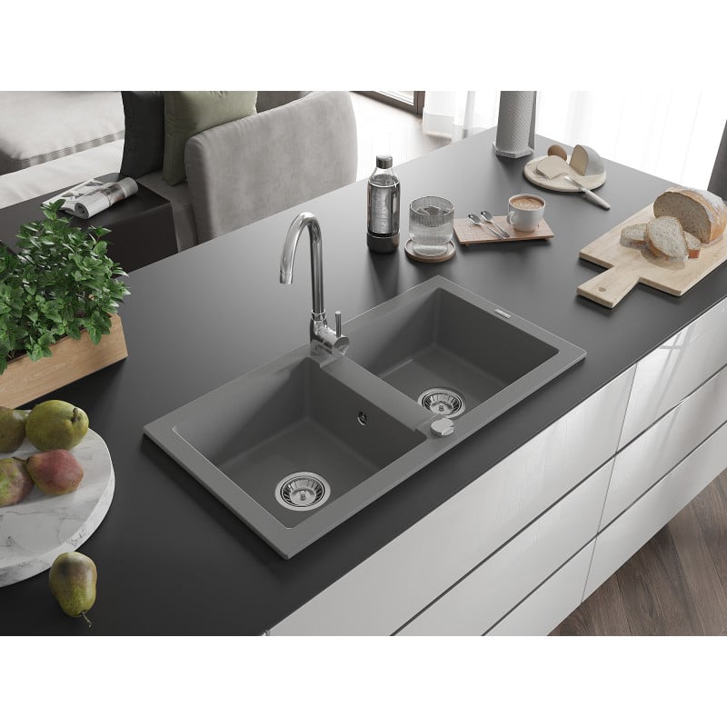 Mexen Mario granite kitchen sink, 2-basin, 820 x 436 mm, gray, chrome siphon - 6504822000-71