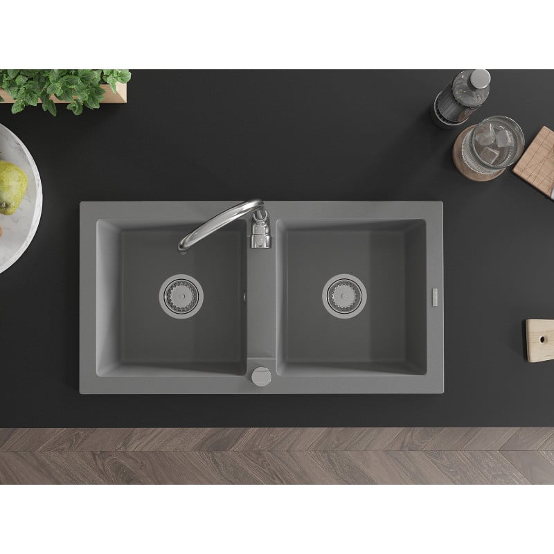 Mexen Mario granite kitchen sink, 2-basin, 820 x 436 mm, gray, chrome siphon - 6504822000-71