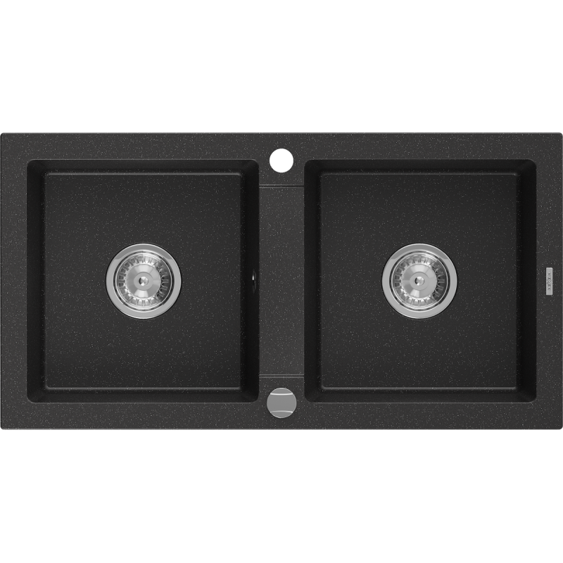 Mexen Mario granit sink double-bowl 820 x 436 mm, black/silver metallic, chrome siphon - 6504822000-73