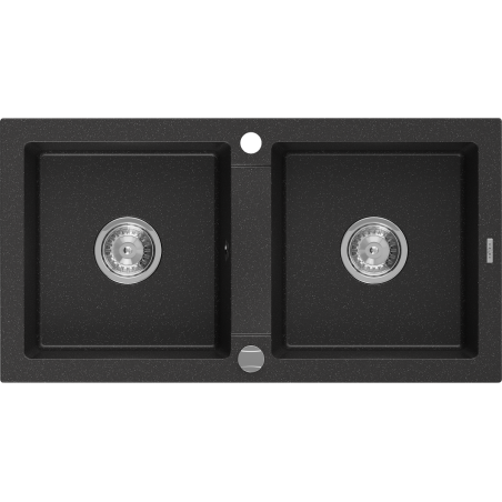 Mexen Mario granit sink double-bowl 820 x 436 mm, black/silver metallic, chrome siphon - 6504822000-73