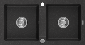 Mexen Mario granit sink double-bowl 820 x 436 mm, black/silver metallic, chrome siphon - 6504822000-73