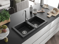Mexen Mario granit sink double-bowl 820 x 436 mm, black/silver metallic, chrome siphon - 6504822000-73