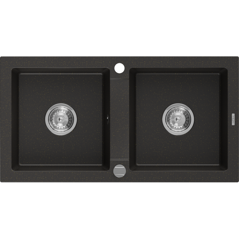 Mexen Mario 2-bowl granite sink 820 x 436 mm, black/gold metallic, chrome siphon - 6504822000-75