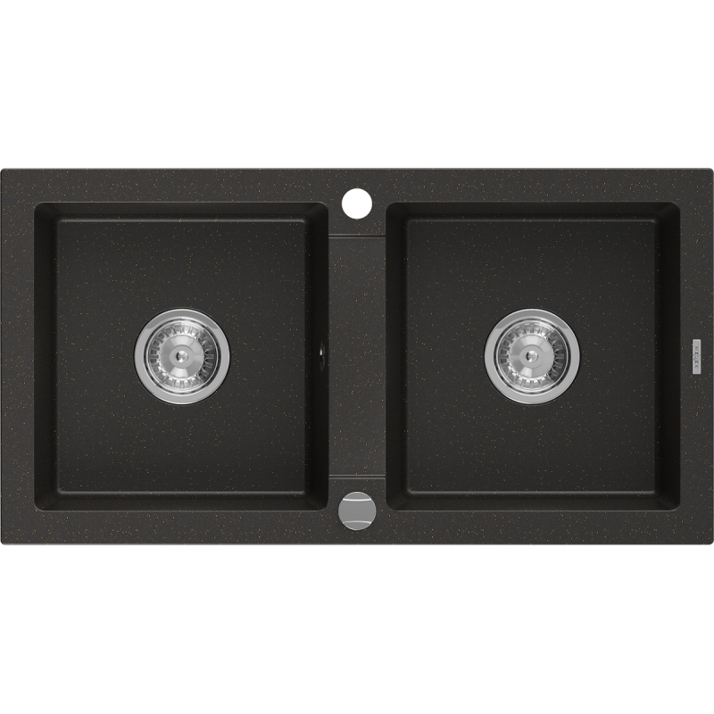 Mexen Mario granite sink 2-chamber 820 x 436 mm, black/gold metallic, chrome siphon - 6504822000-75