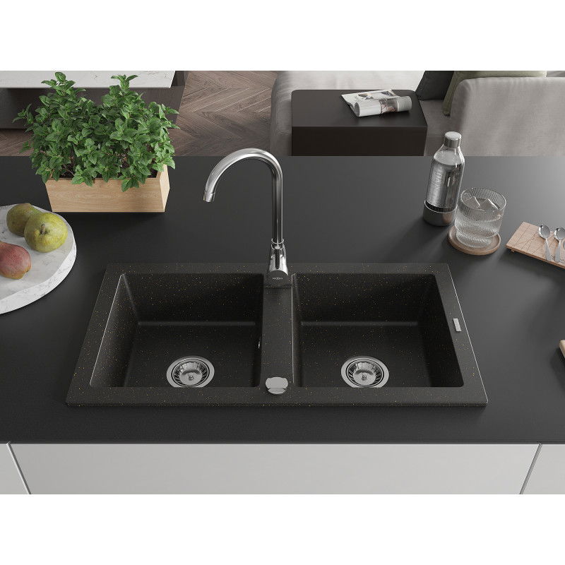 Mexen Mario 2-bowl granite sink 820 x 436 mm, black/gold metallic, chrome siphon - 6504822000-75