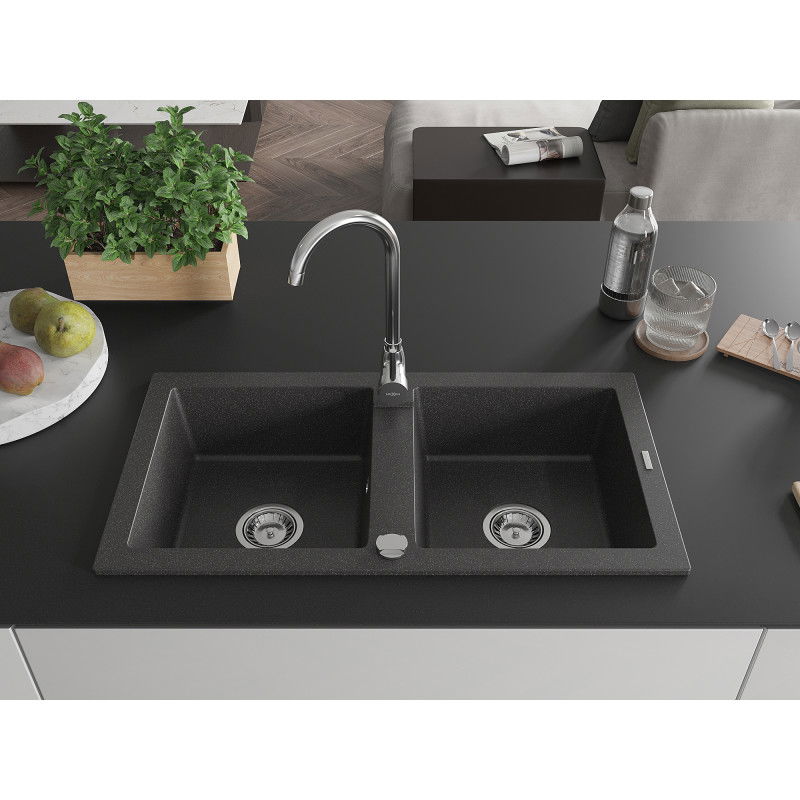 Mexen Mario granite sink 2-bowl 820 x 436 mm, black speckled, chrome siphon - 6504822000-76
