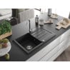 Mexen Bruno granite sink 1-bowl with drainer 795 x 495 mm, black, chrome siphon - 6513791010-77