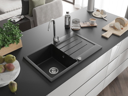 Mexen Bruno 1-compartment granite sink with a drip tray 795 x 495 mm, Black - 6513791010-77