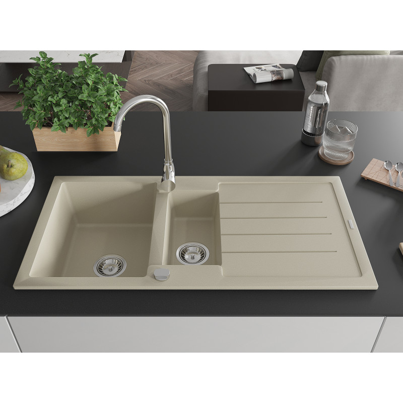 Mexen Andres 1.5-bowl granite sink with drainer 1000 x 500 mm, beige, chrome siphon - 6515101510-69